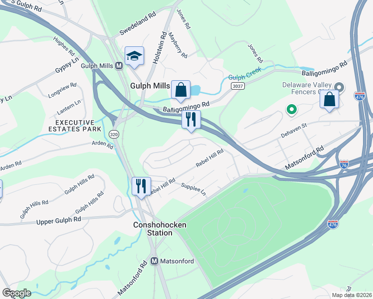 map of restaurants, bars, coffee shops, grocery stores, and more near 227 Valley Forge Lookout Place in Wayne