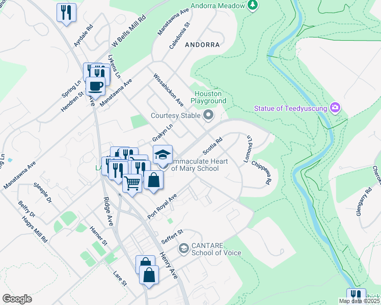 map of restaurants, bars, coffee shops, grocery stores, and more near 837 East Cathedral Road in Philadelphia