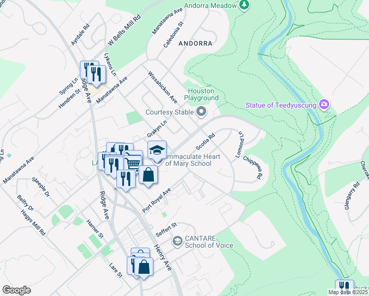 map of restaurants, bars, coffee shops, grocery stores, and more near 837 East Cathedral Road in Philadelphia