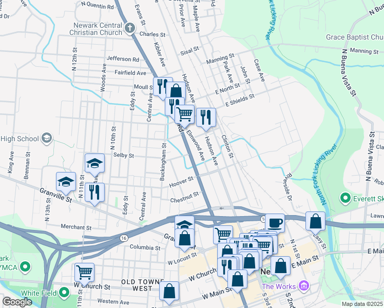 map of restaurants, bars, coffee shops, grocery stores, and more near 269 Mount Vernon Road in Newark