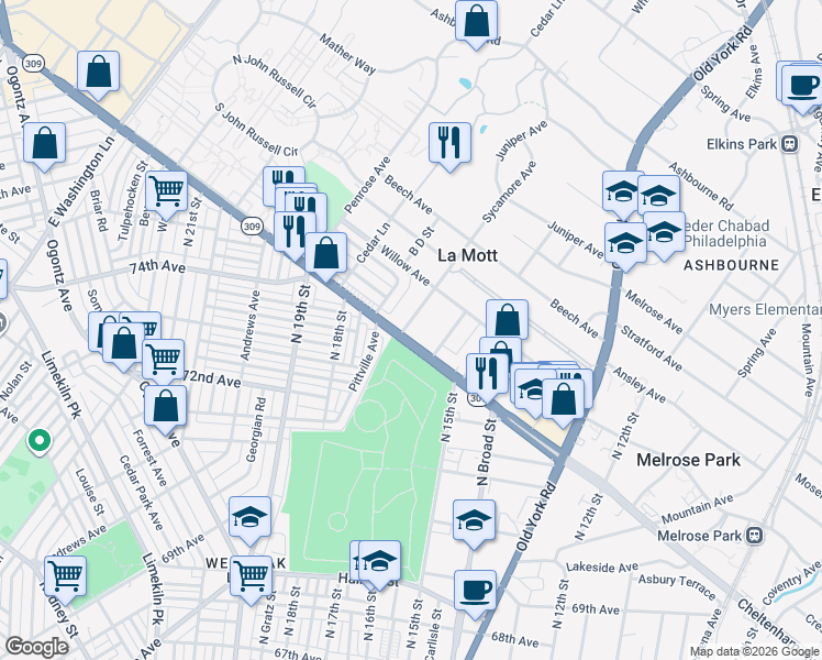 map of restaurants, bars, coffee shops, grocery stores, and more near 1617 West Cheltenham Avenue in Elkins Park