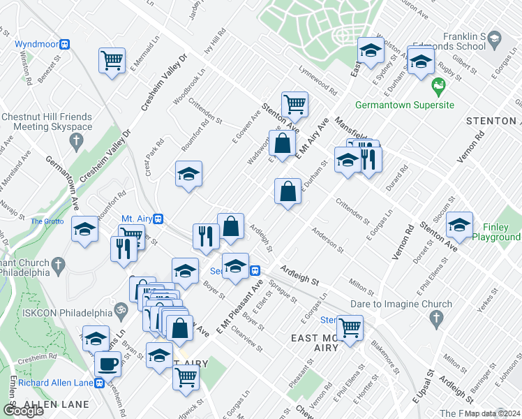 map of restaurants, bars, coffee shops, grocery stores, and more near 422 East Mount Airy Avenue in Philadelphia