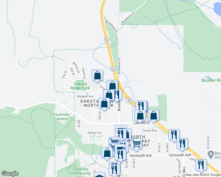 map of restaurants, bars, coffee shops, grocery stores, and more near 1065 Laramie Boulevard in Boulder
