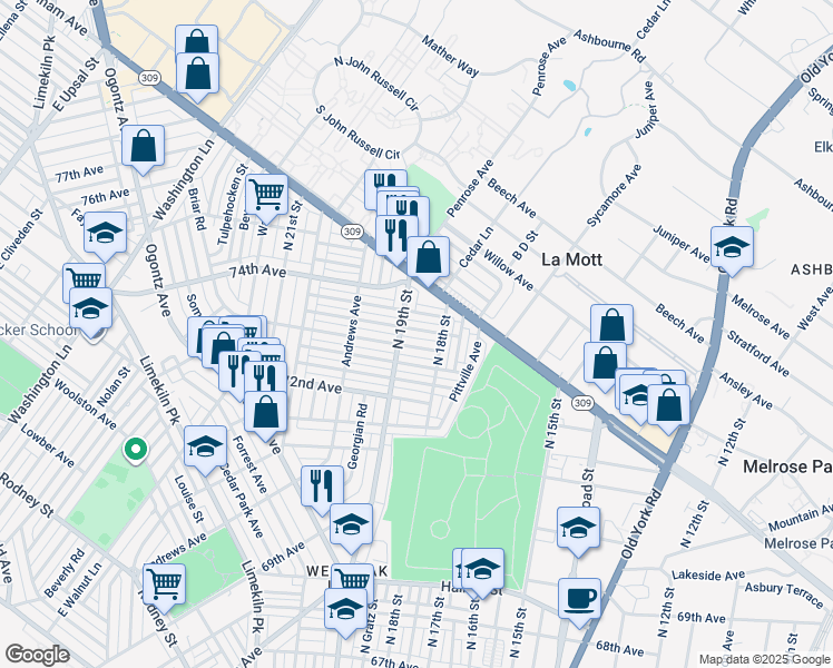 map of restaurants, bars, coffee shops, grocery stores, and more near 1826 Ashley St in Philadelphia
