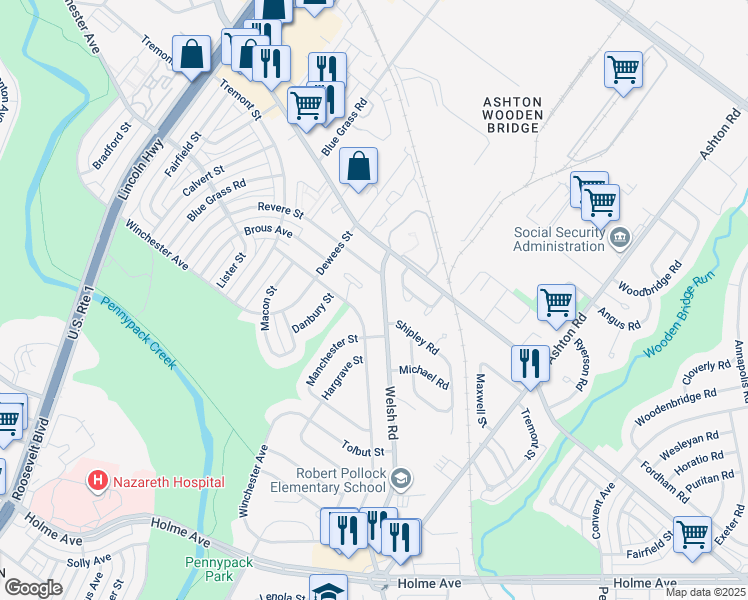 map of restaurants, bars, coffee shops, grocery stores, and more near 2718 Welsh Road in Philadelphia