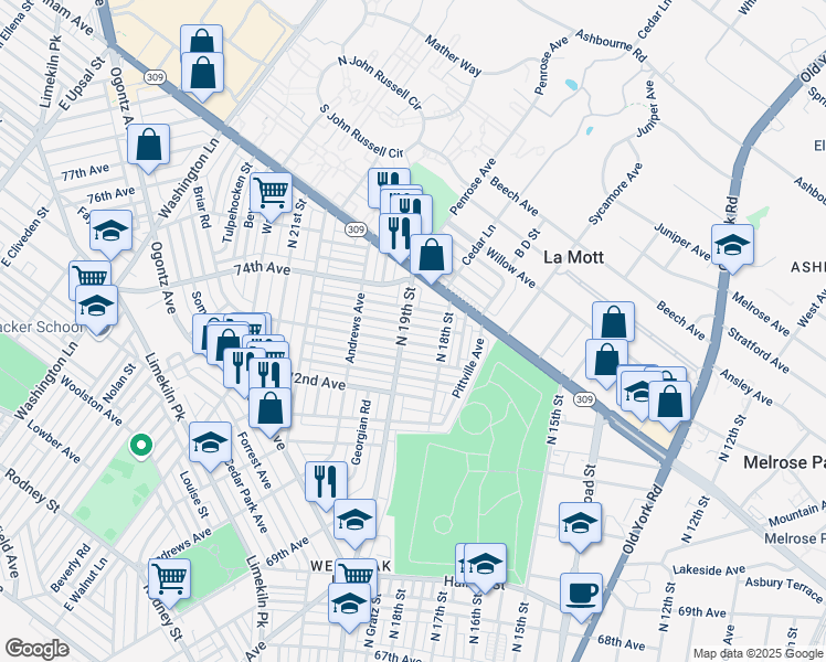 map of restaurants, bars, coffee shops, grocery stores, and more near 1843 Elston Street in Philadelphia