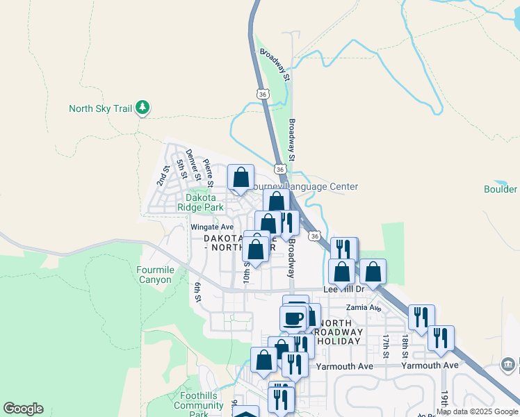 map of restaurants, bars, coffee shops, grocery stores, and more near 4949 Broadway in Boulder