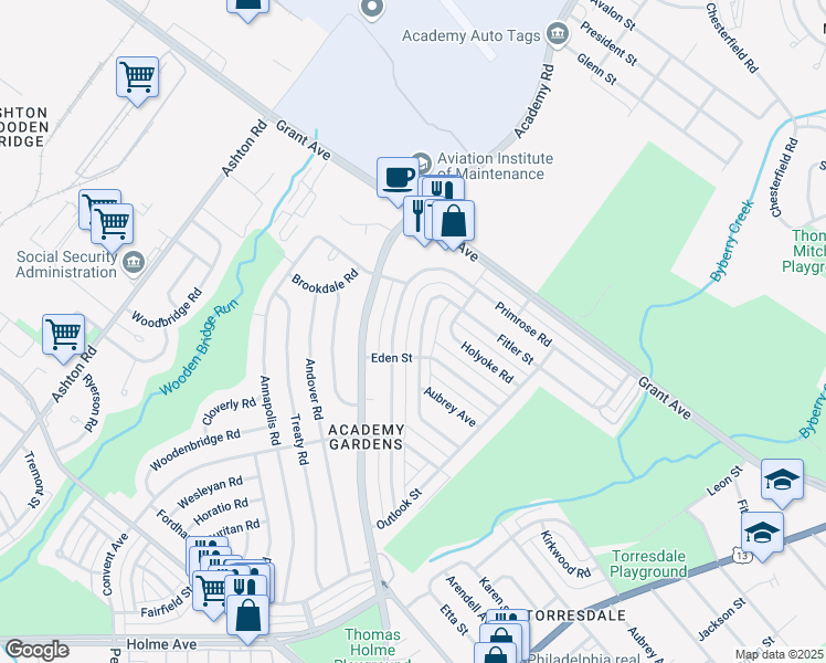 map of restaurants, bars, coffee shops, grocery stores, and more near 9400 Kirkwood Road in Philadelphia
