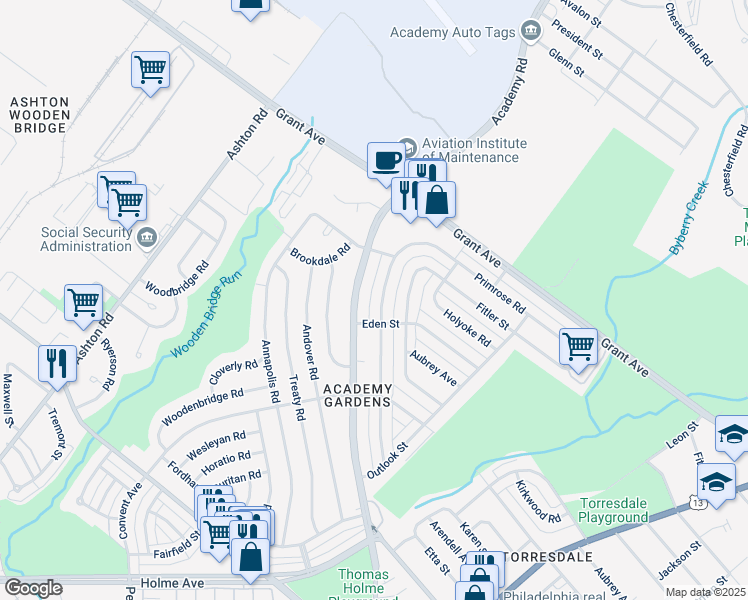 map of restaurants, bars, coffee shops, grocery stores, and more near 9401 Academy Road in Philadelphia