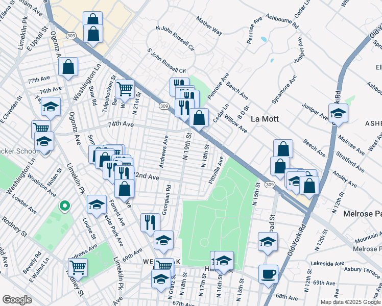 map of restaurants, bars, coffee shops, grocery stores, and more near 1832 Ashley Road in Philadelphia