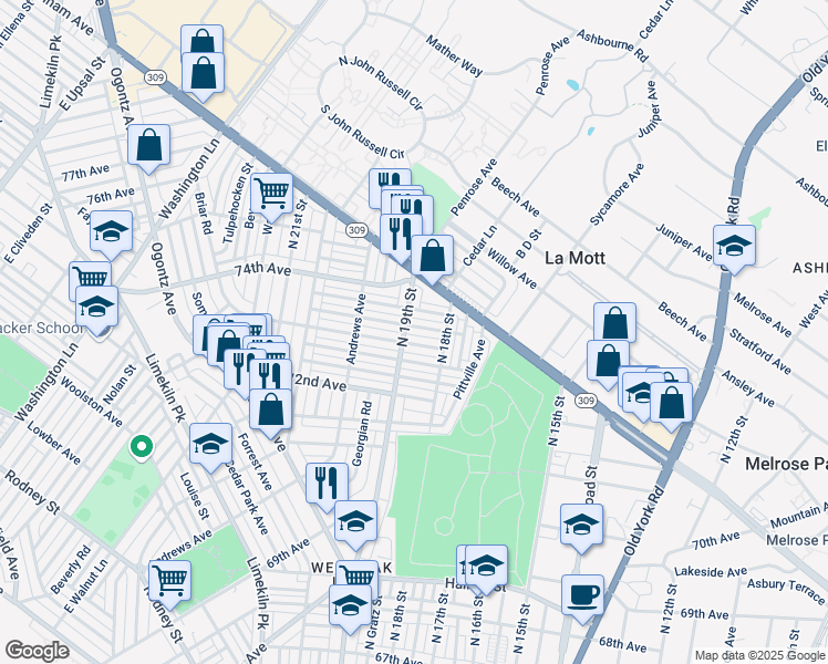 map of restaurants, bars, coffee shops, grocery stores, and more near 1843 Elston Street in Philadelphia