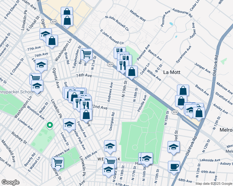 map of restaurants, bars, coffee shops, grocery stores, and more near 1923 73rd Avenue in Philadelphia