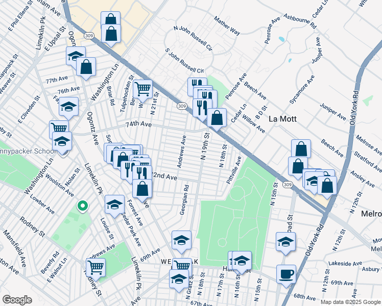 map of restaurants, bars, coffee shops, grocery stores, and more near 1925 73rd Avenue in Philadelphia