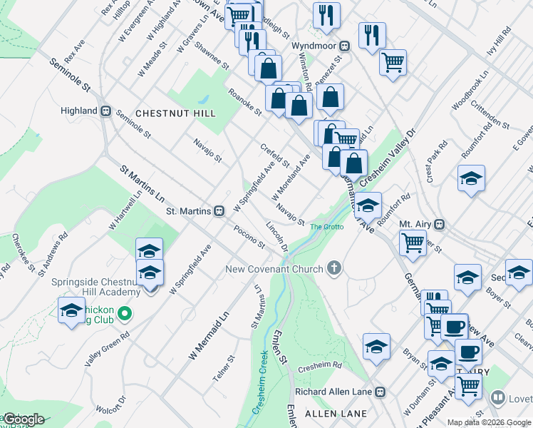 map of restaurants, bars, coffee shops, grocery stores, and more near 7703 Lincoln Drive in Philadelphia