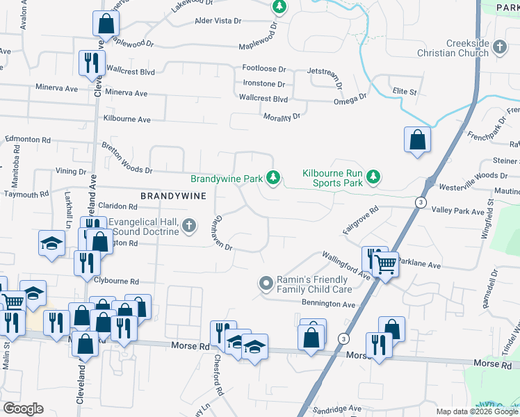 map of restaurants, bars, coffee shops, grocery stores, and more near 2889 Bretton Woods Drive in Columbus