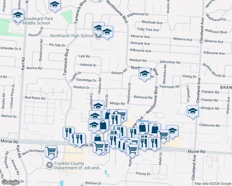 map of restaurants, bars, coffee shops, grocery stores, and more near 2063 Balmoral Court in Columbus