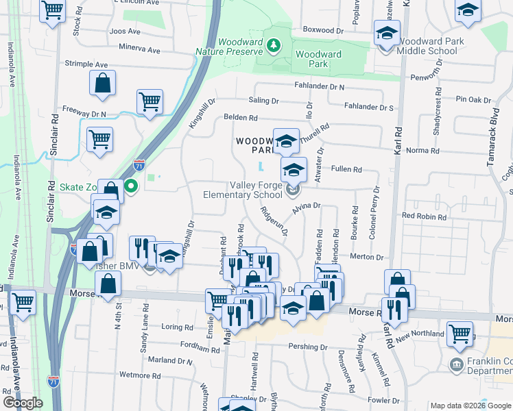 map of restaurants, bars, coffee shops, grocery stores, and more near 4840 Almont Drive in Columbus