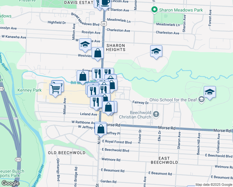 map of restaurants, bars, coffee shops, grocery stores, and more near 54 Georgetown Drive in Columbus