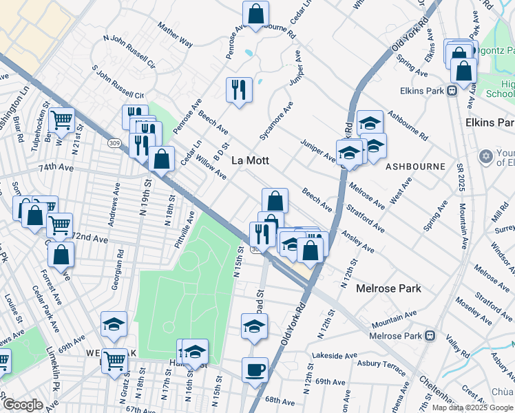 map of restaurants, bars, coffee shops, grocery stores, and more near 1510 Willow Avenue in Elkins Park