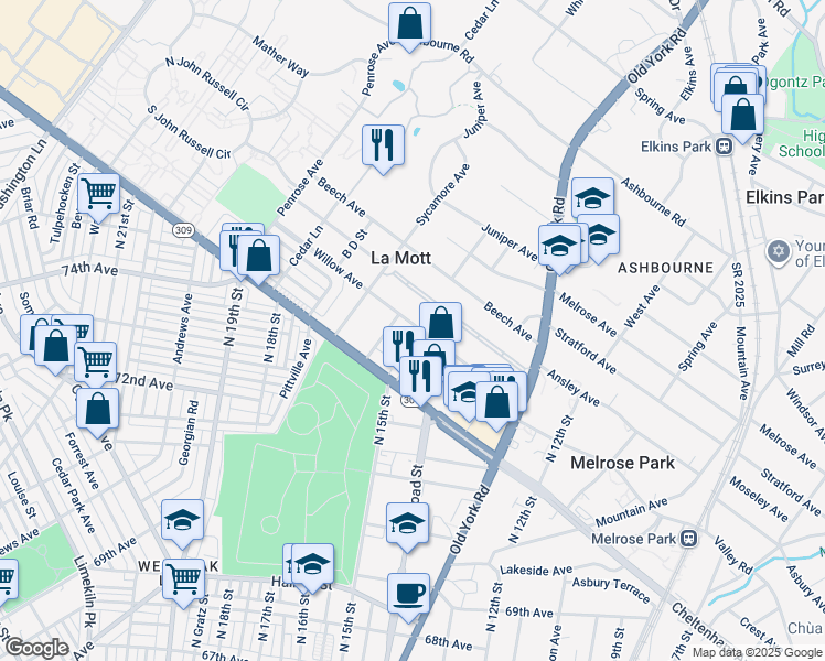 map of restaurants, bars, coffee shops, grocery stores, and more near 1510 Willow Avenue in Elkins Park