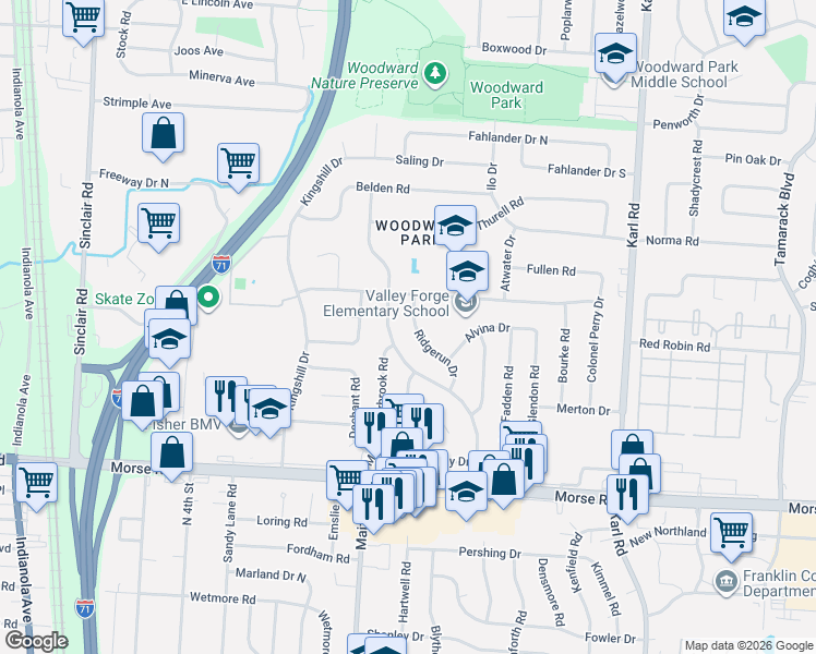 map of restaurants, bars, coffee shops, grocery stores, and more near 4840 Almont Drive in Columbus
