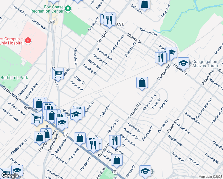map of restaurants, bars, coffee shops, grocery stores, and more near 1111 Tabor Lane in Philadelphia