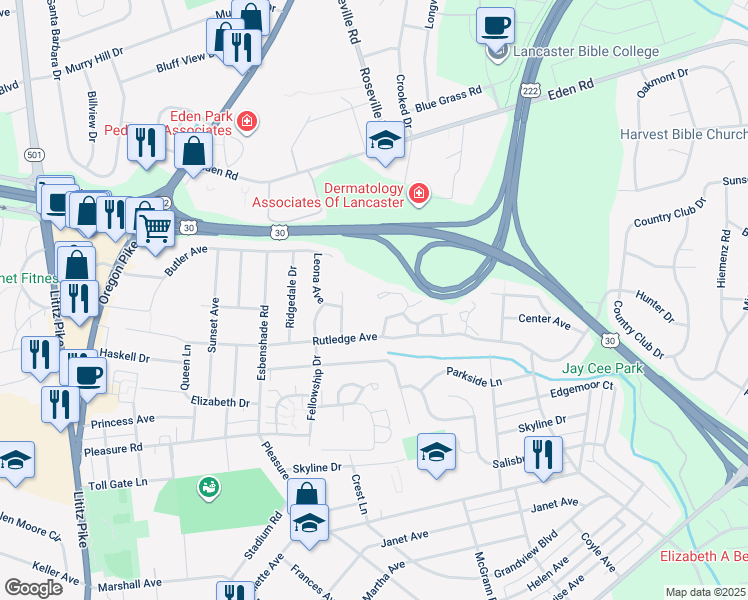 map of restaurants, bars, coffee shops, grocery stores, and more near 371 Meetinghouse Lane in Lancaster