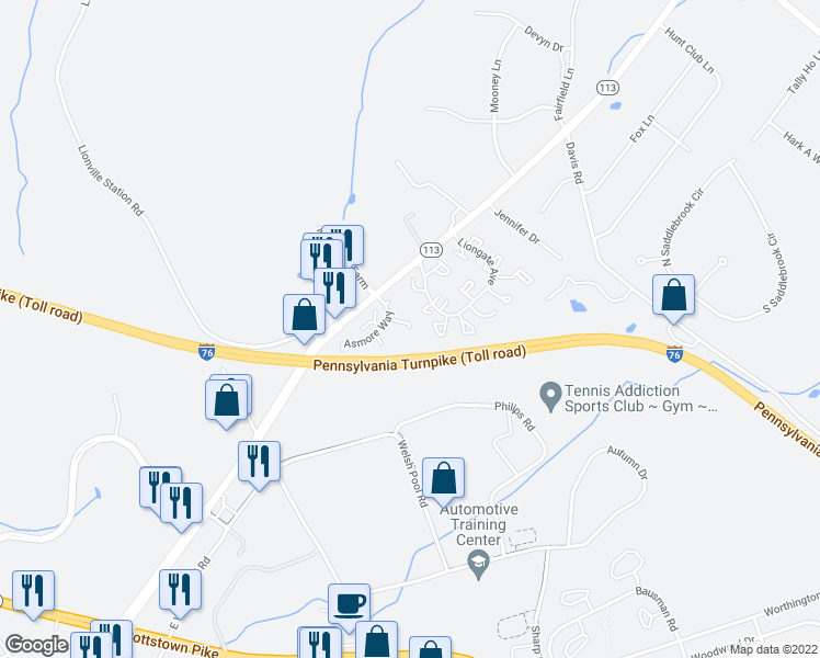 map of restaurants, bars, coffee shops, grocery stores, and more near 409 Tinker Drive in Chester Springs