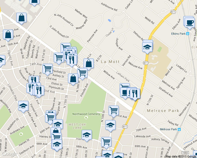map of restaurants, bars, coffee shops, grocery stores, and more near 7313 Sycamore Avenue in La Mott