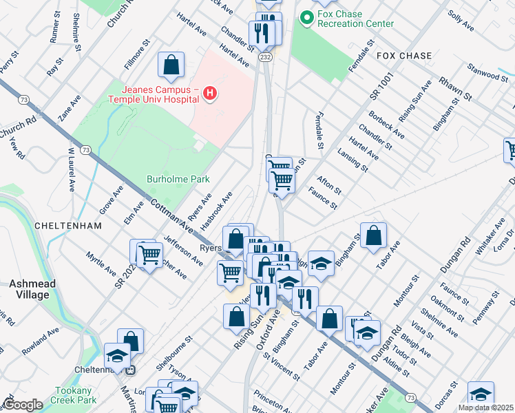 map of restaurants, bars, coffee shops, grocery stores, and more near 7426 Rockwell Avenue in Philadelphia