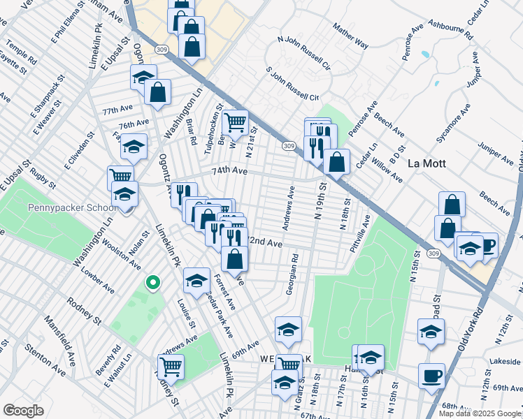 map of restaurants, bars, coffee shops, grocery stores, and more near 7253 North 20th Street in Philadelphia
