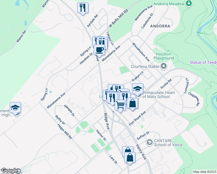 map of restaurants, bars, coffee shops, grocery stores, and more near 708 Grakyn Lane in Philadelphia