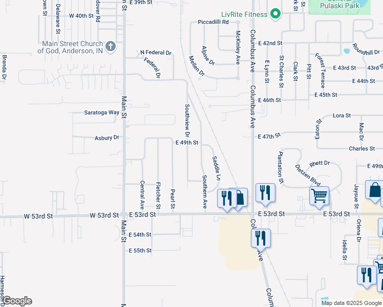 map of restaurants, bars, coffee shops, grocery stores, and more near 4922 Southview Drive in Anderson