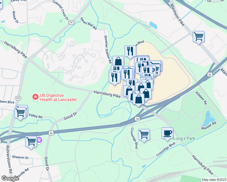map of restaurants, bars, coffee shops, grocery stores, and more near 1588 Harrisburg Avenue in Lancaster