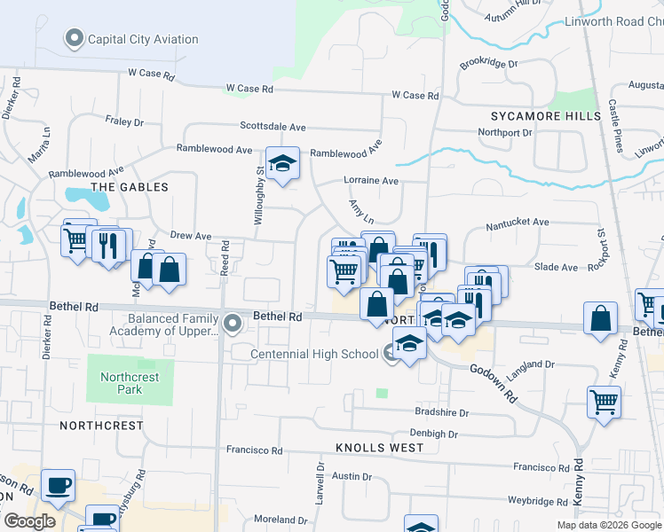 map of restaurants, bars, coffee shops, grocery stores, and more near 5326 Portland Street in Columbus