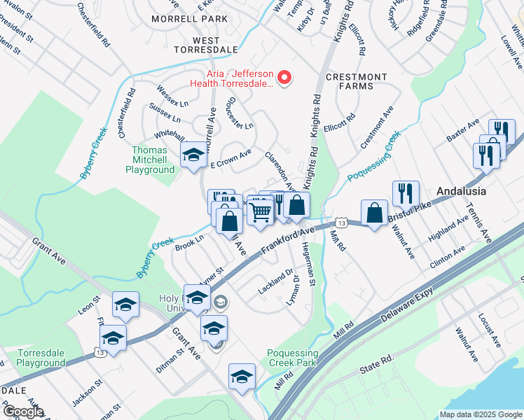 map of restaurants, bars, coffee shops, grocery stores, and more near 9939 Crestmont Avenue in Philadelphia