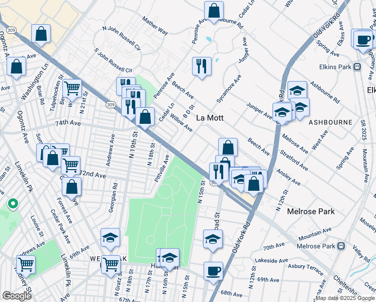 map of restaurants, bars, coffee shops, grocery stores, and more near 7313 Sycamore Avenue in La Mott