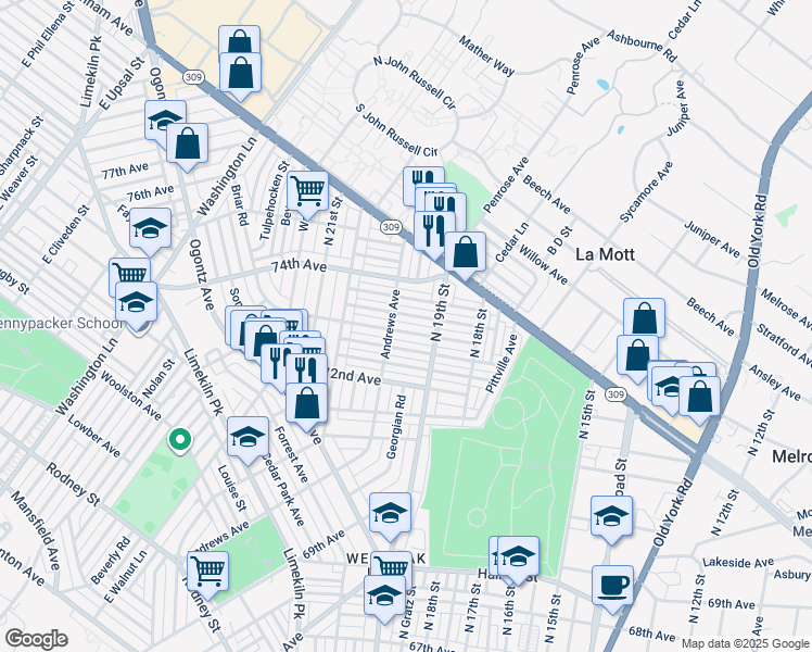 map of restaurants, bars, coffee shops, grocery stores, and more near 1931 73rd Avenue in Philadelphia