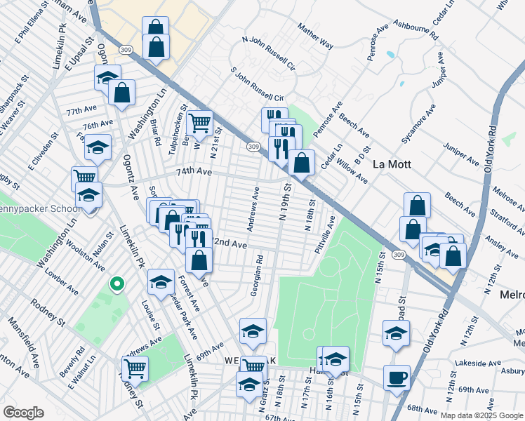map of restaurants, bars, coffee shops, grocery stores, and more near 1933 73rd Avenue in Philadelphia