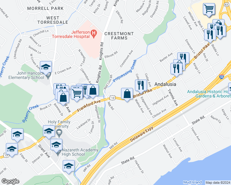 map of restaurants, bars, coffee shops, grocery stores, and more near 520 Bristol Pike in Bensalem