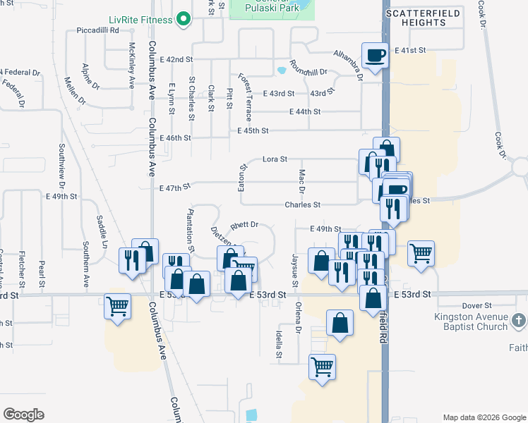map of restaurants, bars, coffee shops, grocery stores, and more near 1527 Rhett Drive in Anderson