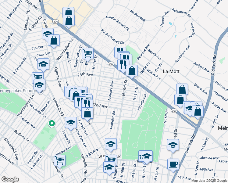 map of restaurants, bars, coffee shops, grocery stores, and more near 1937 73rd Avenue in Philadelphia