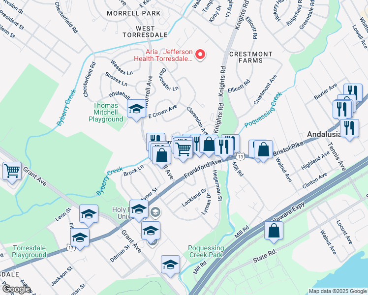 map of restaurants, bars, coffee shops, grocery stores, and more near 9939 Crestmont Avenue in Philadelphia