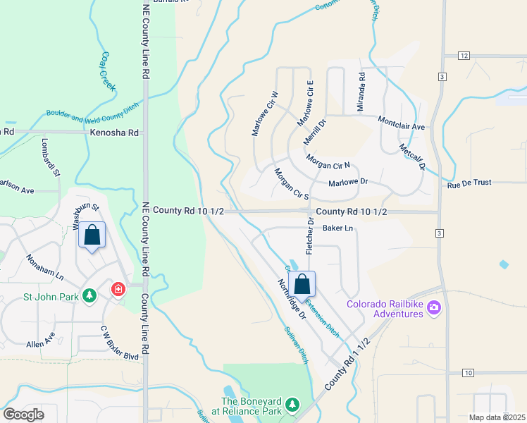 map of restaurants, bars, coffee shops, grocery stores, and more near 501 County Road 10 1/2 in Erie