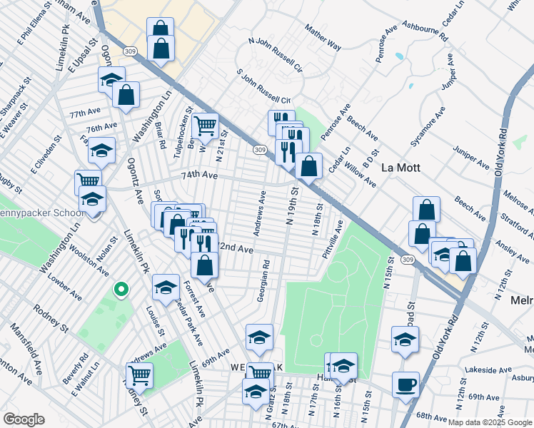 map of restaurants, bars, coffee shops, grocery stores, and more near 1937 73rd Avenue in Philadelphia