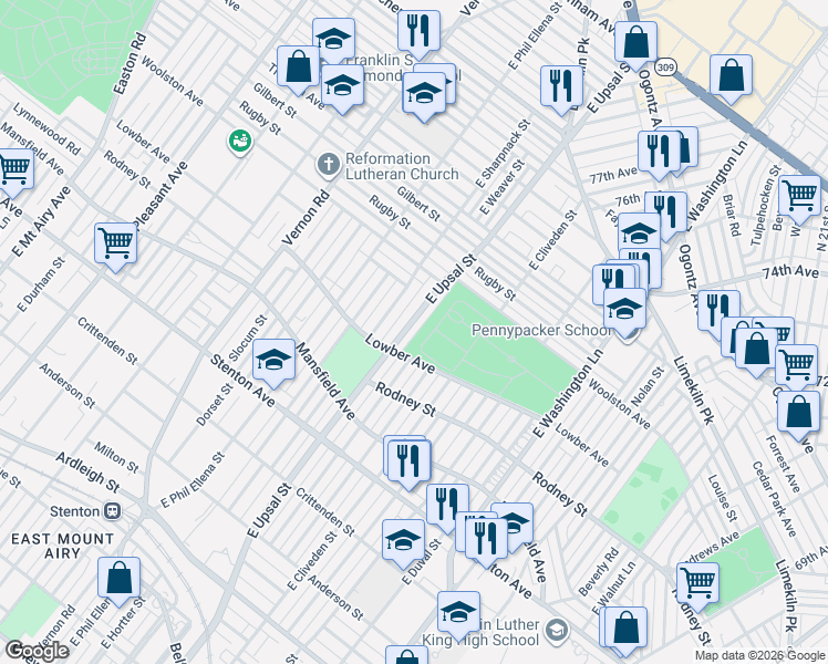 map of restaurants, bars, coffee shops, grocery stores, and more near 1613 East Cardeza Street in Philadelphia