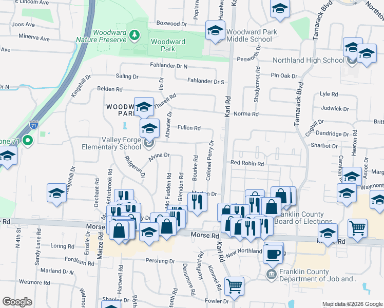 map of restaurants, bars, coffee shops, grocery stores, and more near 1442 Urban Drive in Columbus