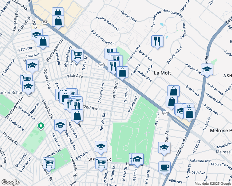map of restaurants, bars, coffee shops, grocery stores, and more near 1838 Ashley St in Philadelphia