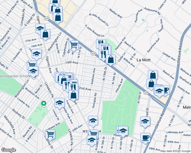 map of restaurants, bars, coffee shops, grocery stores, and more near 1939 73rd Avenue in Philadelphia