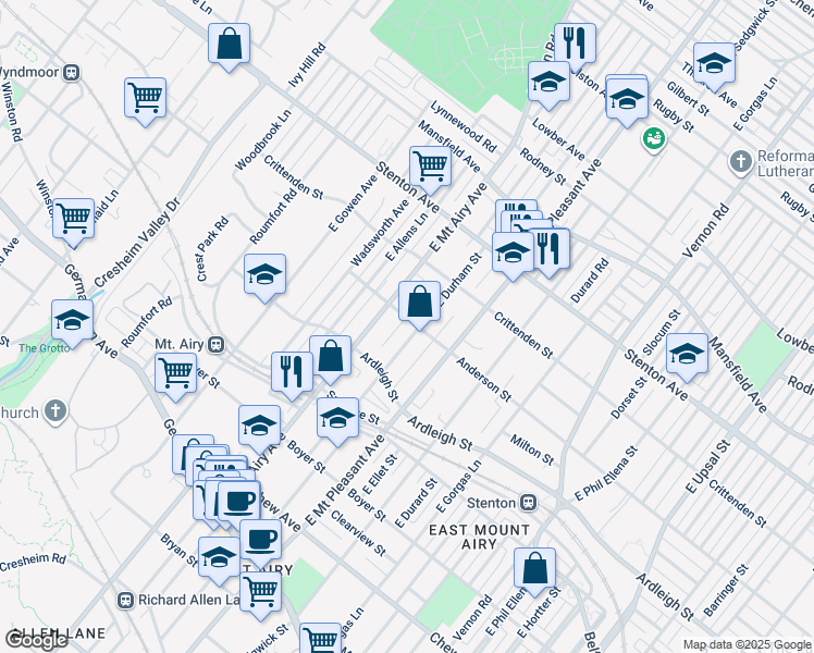 map of restaurants, bars, coffee shops, grocery stores, and more near 437 East Durham Street in Philadelphia